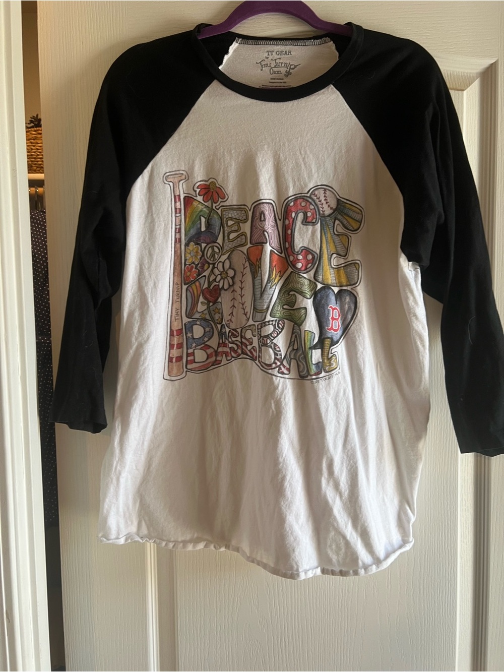 Boston Red Sox tshirt, Black & White Raglan 'Peace Love Baseball' Graphic Tee